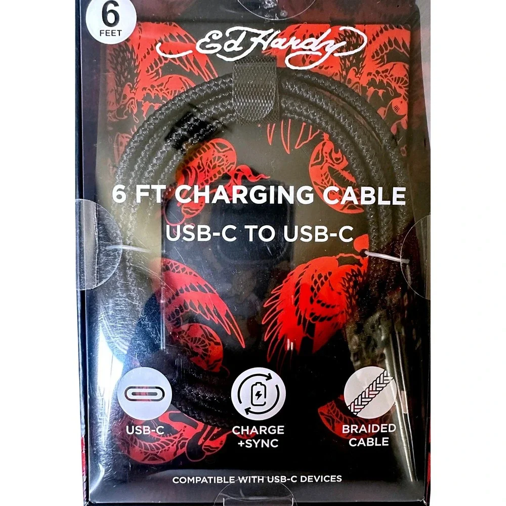 Ed Hardy USB-C to USB-C Charging Cable 6ft Black Braided New Rapid Charge Sync